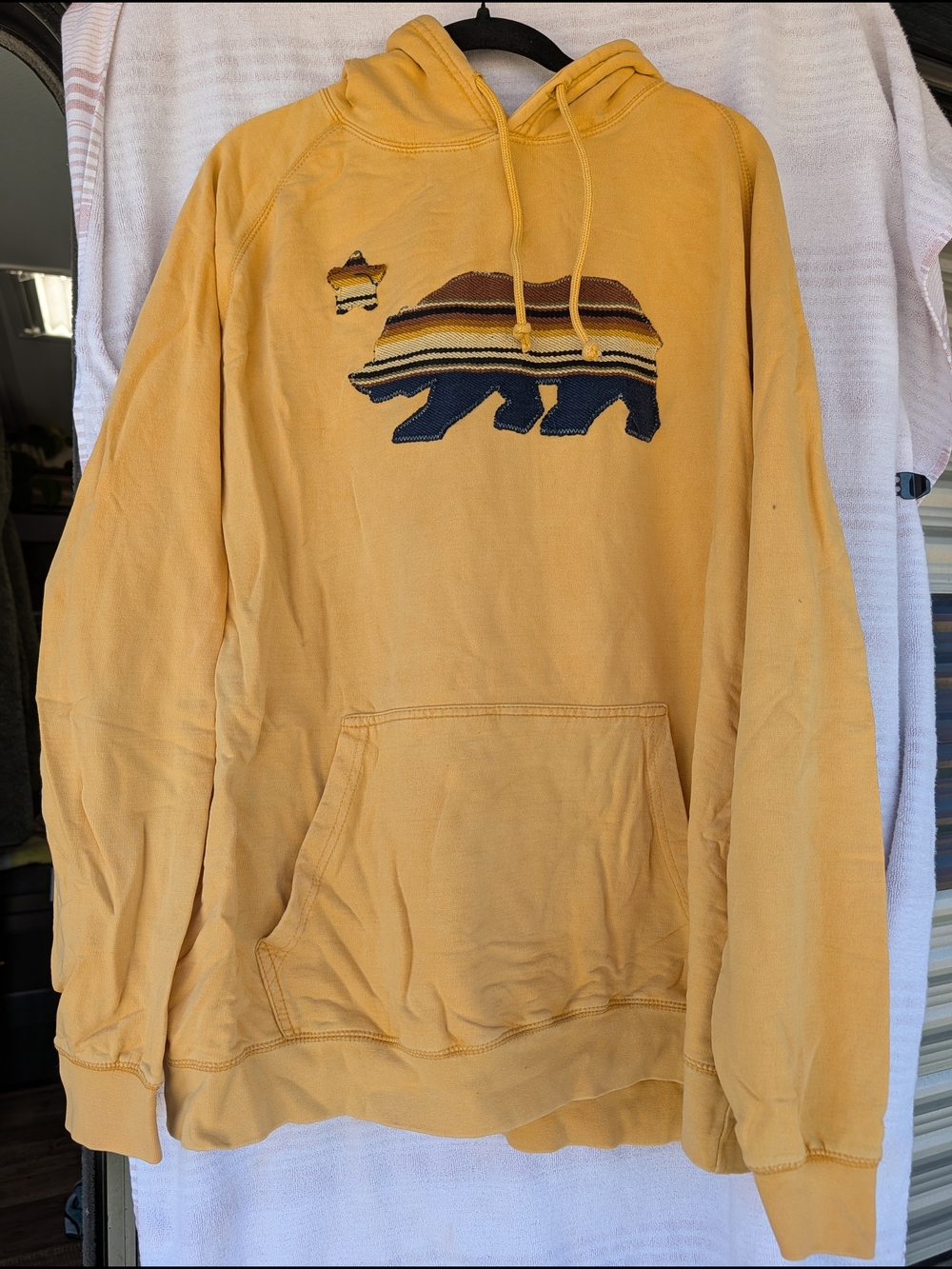 Men's Mustard Hooded Pullover Sweatshirt with Striped Bear Applique